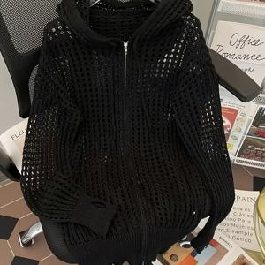 TEMU 여성용 가벼운 후드 카디건 - 통기성 오픈워크 스웨터, 여름용 루즈핏 여성 스웨터, 사무실 및 외출용, 해변용 - 부드럽고 신축성 있는 블랙 스웨터, 손세탁 쉬움, 캐주얼 아웃핏, 중간 신축성 원단