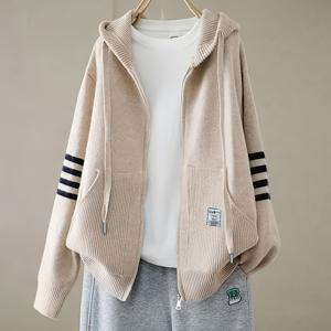 TEMU 여성 캐주얼 후드 가디건 디자인 - &, 긴소매, 지퍼업, 루즈핏, 가을/겨울 겉옷, 캐주얼 겉옷, 포근한 가디건