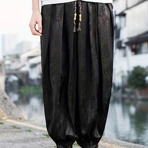 TEMU 시앙 롱페이 OBM 남성용 긴바지, 고품질 루즈 와이드 레그 랜턴 팬츠, 자수 드래곤 자카드 패턴