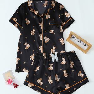 TEMU 곰 인쇄 청소년 반팔 반바지 파자마 세트