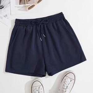 TEMU 여름을 위한 캐주얼한 여성복, 단색 컬러 드로스트링 허리 반바지