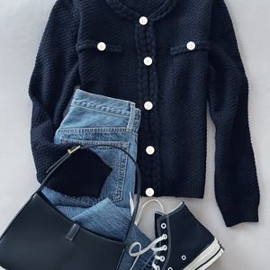 TEMU 솔리드 컬러 버튼 프런트 카디건, 가을과 겨울을 위한 세련된 컨트라스트 트림 롱슬리브 크루넥 카디건, 여성 의류