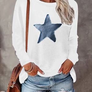 TEMU 롱 슬리브, 오각별 프린지 라운드 넥 여성 캐주얼 탑 - 편안한 핏의 클래식 디자인