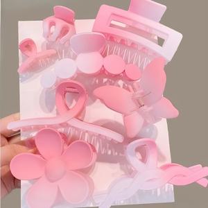 TEMU 8개 세트 - 그라데이션 핑크 헤어 클립, 무광 핑크 클로우 클립, 달콤한 여성용 샤크 클립, 데이 머리 액세서리