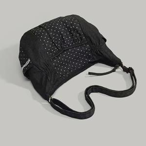 TEMU 여성용 일본 애니메이션 스타일 크로스바디 백 - 고딕 로리타 토트백, 탈부착 가능한 스트랩, 지퍼 잠금, 대학생용 백팩 파우치, 일상 사용 및 테마 이벤트용 - 귀여운 애니메이션 캐릭터 디자인, 검정색에 흰색 도트, 구조적인 직사각형 모양과 둥근 상단, 골드톤 하드웨어, 안감, 미학