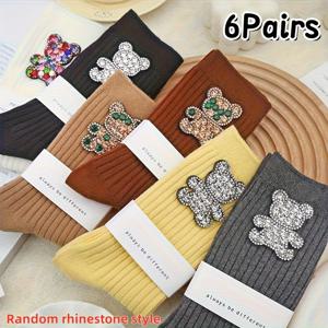 TEMU 귀여운 캐릭터 컬러 라인스톤 베어 장식 미드 튜브 양말 6켤레, 반짝이는 라인스톤 패션 장식, 다기능 캐주얼 편안한 양말, 청소년용 스타킹 및 양말, 캐주얼 양말,다용도 스타킹,트렌디한 장식,만화 디자인,내구성 있는 양말,편안한 소재,장식용 양말,여성 스타킹,패션 애호가