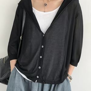 TEMU 여성용 경량 텐셀 가디건 - 오픈 프론트 후드 디자인, 버튼 클로저, 반투명 루즈핏 숏 커버업, 사계절 레이어링 캐주얼 시크 탑, 중간 신축성