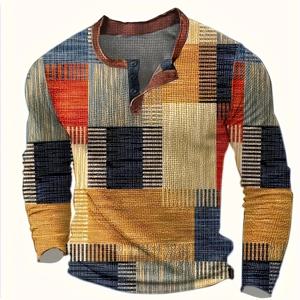 TEMU 남성 캐주얼 헨리 셔츠 - 기하학적 패턴 - 100% 폴리에스테르, 크루넥, 긴팔, 약간 늘어나는 원단, 열전사 프린트, 니트 - 버튼 디테일이 있는 봄/가을 컬렉션