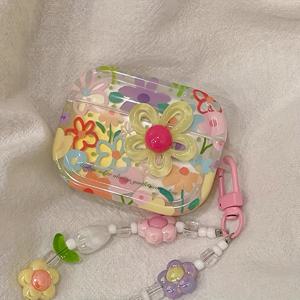 TEMU AirPods 1/2/3세대, AirPods Pro, AirPods Pro2와 호환되는 컬러풀 플라워 이어폰 보호 케이스, 무료 매달린 체인이 있는 Airpods 보호 케이스