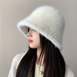 TEMU 여성용 플러시 퍼 버킷햇 - 겨울 따뜻한 귀덮개 방한 모자, 부드럽고 폭신한 비탄력 스니그 핏 캐주얼 & 포멀 이벤트용, 추위 예방 패션 액세서리|벙거지모자