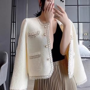 TEMU 여성용 우아한 화이트 라운드넥 카디건 재킷 - 긴 소매 버튼 프론트, 진주 장식, 포근한 인조 퍼 안감, 단색 가을 겨울 패션 아우터웨어, 텍스처드 원단, 데코레이티브 버튼
