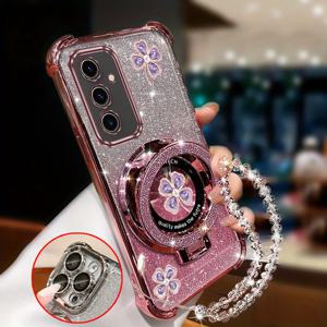 TEMU 삼성 갤럭시 S25용 빛나는 글리터 손목끈 자석 행운의 클로버 폰 케이스, 충격 방지 보호를 제공하며 방어 기능이 있습니다.