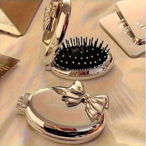 TEMU 2가지 색상이 있는 거울 나비 모양의 미니 헤어 커브, 여성용 휴대용 접이식 공기 쿠션 브러시, 일반 헤어 타입에 적합, 터치업을 위한 통합 거울이 있는 여행 친화적인 스타일링 도구, 11개의 휴일에 완벽한 선물