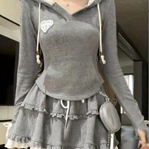 TEMU 여성용 우아한 투피스 세트 - 레이스 디테일이 있는 시크한 긴팔 탑, 슬림핏, 단색, 레귤러 핏, 봄/가을 컬렉션, 캐주얼 의상|슬림 핏 탑|레이스 디테일 탑|여성원피스|드레스