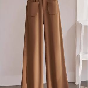 TEMU 여성용 우아한 프렌치 스타일 와이드 레그 팬츠 - 슬림핏 허리와 플레어드 레그, 카키 솔리드 컬러, 봄/가을 사이드 포켓, 캐주얼부터 포멀웨어까지 다재다능한 여성용 와이드 레그 트라우저, 트라우저, 여성용 바지
