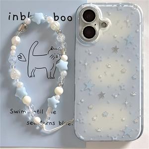 TEMU 아이폰 11 12 13 프로 맥스용 투명 화이트 라이트 솔리드 컬러 백그라운드 더블 레이어 컬러 그라데이션 별 모양 폰 케이스, 비즈 체인 포함