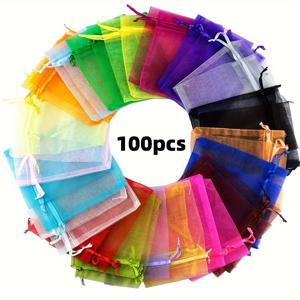 TEMU 100개 묶음 다양한 투명 오간자 선물 봉투, 끈 달림, 단색, 결혼식, 파티, 데이, 소매, 부티크, 슈퍼마켓용 - 전기 불필요