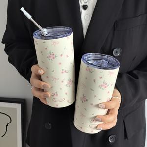 TEMU 1pc 장미 플로럴 나비 매듭 스테인리스 스틸 단열 머그잔, 이중벽 여행 텀블러, 뜨겁고 차가운 음료, 커피 자동차 머그잔을 위한 피트니스 야외 스포츠 컵, 졸업, 생일 및 휴일 선물, 재사용 가능, 손 wäsche, 600ml/20.29oz - 빨대 없음