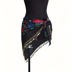 TEMU 여성을 위한 섹시한 허리 스카프, 금색 패던트가 장식된 손수 제작된 통기성이 좋은 폴리에스터, 해변 및 댄스 의상에 적합한, 밝은 프린트와 금색 패던트 액센트가 있는, 강렬한 레트로 꽃과 체인 링크 벨리 댄스 랩