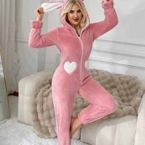 TEMU 여성용 포근한 핑크 토끼 후드 원피스 파자마 - 두꺼운 플리스 안감, 긴 소매 지퍼 앞면 & 포켓, 부드러운 폴리에스테르 혼방, 세탁기 사용 가능 - 따뜻하고 편안한 잠옷