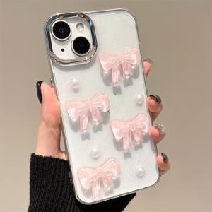 TEMU 아이폰 모델 16, 15, 14, 13, 11, 12 프로 맥스 및 플러스용 아름다운 3D 보우노트 비즈 글리터 에폭시 폰 케이스, 여름에 완벽한 투명한 뒷면.