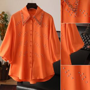 TEMU 여성용 우아한 라인스톤 장식 오버사이즈 셔츠 - 여름용 플러스 사이즈 루즈핏 블라우스, 멀티 버튼 프론트, 생동감 있는 핑크색 논스트레치 원단, 캐주얼 및 포멀웨어용, 패션, 접힌 칼라 디자인, 정교한 비즈워크