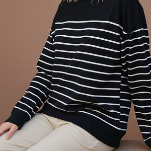 TEMU 플러스 사이즈, 여성용 라운드넥 긴팔 풀오버, 중간 수준의 신축력 있는 가을/겨울 다재다능한 탑으로 부드러운 질감과 보풀 & 탈색 방지가 쉬운 관리로 루즈핏 트렌디 캐주얼 레이어링 셔츠 (블랙 /화이트) 독특한 디자인이 있는 통풍형 두꺼운 의류