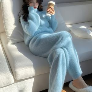 TEMU 겨울 자매용 패션 스타일 하이엔드 블루 캐주얼 스웨터 2025 슈퍼 핫 투피스 세트