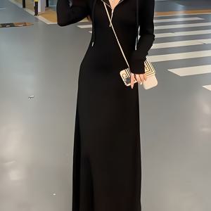 TEMU 여성용 A라인 후드 스웨트셔츠 드레스 - 슬림 웨이스트 & 내부 스커트, 롱 드레스, 풀 길이 플로우 A라인 실루엣, 세탁기 사용 가능, 겨울용 스웨터 드레스, 캐주얼 또는 포멀 이벤트용 (노-디자인)