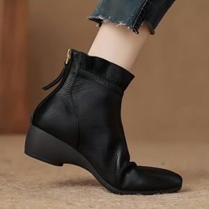 TEMU 웨지 스퀘어 힐 나파 그레인 미드 힐(3-5cm) 숏 윈터 부츠 패션 부츠