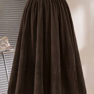 TEMU 플러스 사이즈, 여성용 우아한 롱 A라인 맥시 스커트 - 겨울용 따뜻한 코듀로이 느낌 소재 (논스트레치) 브라운 솔리드 컬러, 가을/겨울용 와이드 스윙 스커트, 캐주얼부터 포멀웨어, 오피스, 웨딩 & 파티 - 다용도 - 롱 스커트