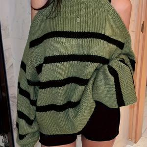 TEMU 여성을 위한 우아한 녹색 줄무늬 니트 풀오버 스웨터 - 루즈핏, 긴 소매, 라운드 넥, 캐주얼한 한국 스타일, 가을/겨울에 완벽한 풀오버 스웨터