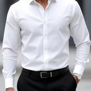 TEMU 남성용 비즈니스 캐주얼 롱 셔츠 - 클래식 버튼업 칼라, 신축성 없는 원단, 사무실 및 여행용 레귤러 핏, 올 시즌 다용도 착용, 전문적인 복장, 우아한 디자인, 튼튼한 구조, 스타일리시 탑, 기업복