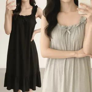 프릴 민소매 캡 여성 루즈핏 홈웨어 파자마 잠옷 나시 롱 원피스