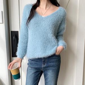 [옷자락]여자 퍼 빅사이즈 V넥 소프트 FW 여성스러운 니트
