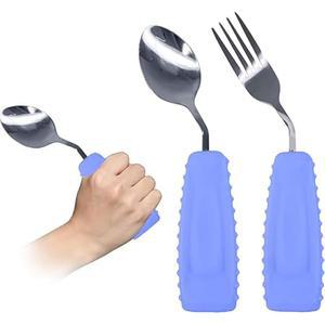 유콘 적응형 식기, 가중 앵글 실버웨어, 파킨슨 보조제, 실버웨어 숟가락 및 포크 세트 노인, 관절염, 치매, 장애인, 장애인용 (오른손, 2팩, 보라색)