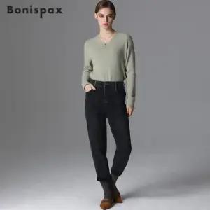 보니스팍스 허리절개 세미 배기 데님 팬츠