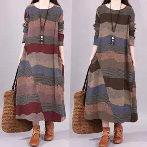 빅사이즈 은창)어텀 무드 패턴 롱원피스 루즈핏 가을 겨울