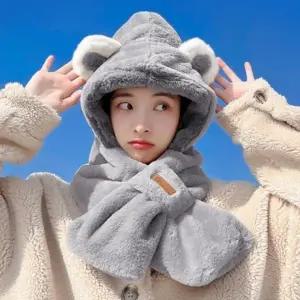 곰돌이 모자 목도리 일체형 후드 퍼 귀달이 머플러