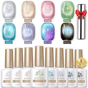 본프리티 8병 고양이 마그네틱 네일 젤 폴리쉬 세트 (자석 스틱 포함) 홀로그램 글리터 라이트 플로우 살롱