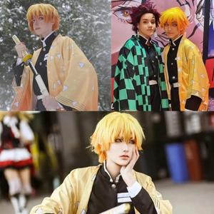 젠이츠 가발 짧은 노란색 데몬 슬레이어 코스프레 오렌지 옴브레 할로윈 파티 합성