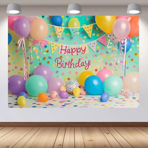 생일 축하 사진 여성 패턴 배경 케이크 부스 파티용 밝은 풍선과