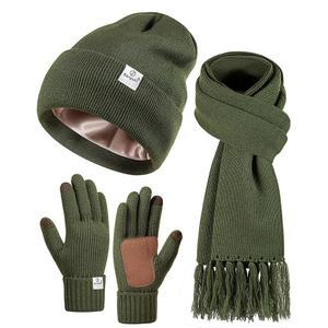 여성 새틴 안감 비니 스카프 장갑 세트, 실크 겨울 모자 니트 터치스크린 장갑, 패셔너블한 따뜻한 선물 세트 3종