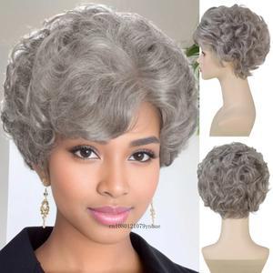 묶은 머리 가발 여성 합성 회색 할머니 앞머리가 있는 단발머리 숏컷 곱슬 일상 파티 사용 코스프레 내추럴