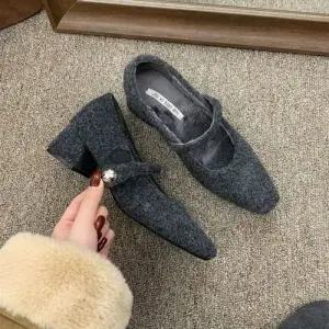 여성용 하이힐 헤링본 그레이 통굽 단화 겨울용 프렌치 기모 로퍼 메리제인 털 슈즈 힛템