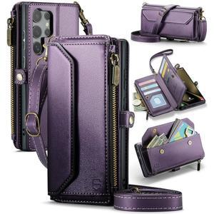 갤럭시 S25 울트라 5G RFID 차단 10 카드 홀더 소프트 PU 가죽 마그네틱 스냅 스트랩 지퍼 포켓 폰 케이스 - 퍼플과 호환되는 지갑