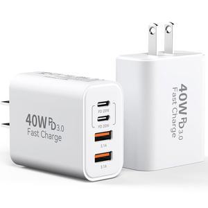 USB C 충전기 블록, 40W 4포트 타입 고속 전화 충전 블록 큐브 PD USBC 월 플러그+QC 3.0 A 브릭 박스 전원 16/15/14/13/12/11 Pro Max, , 삼성 갤럭시, 픽셀, 2Pack용