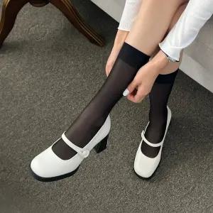 SOVO 이베르 세미스퀘어 메리제인 스트랩 발편한 미들통굽 펌프스 여성구두 6cm