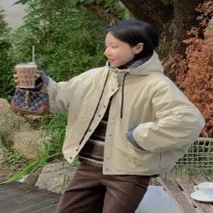 바쿠 체크배색 후드 코튼 패딩 (one color)