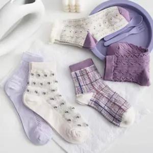 흰색양말 여자 데일리 퍼플 포인트 패션 중목 양말 신축성 면양